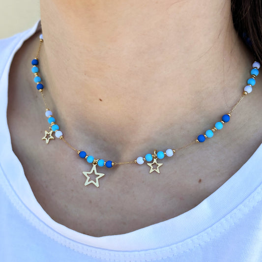 Collana girocollo bollicine blu/azzurre e stelle - Gold