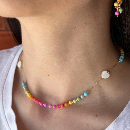 Collana girocollo bollicine multicolor e cuoricini madreperla - Gold