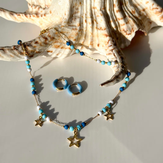 Collana girocollo bollicine blu/azzurre e stelle - Gold