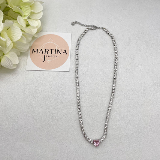 Collana girocollo strass cuore rosa - Silver