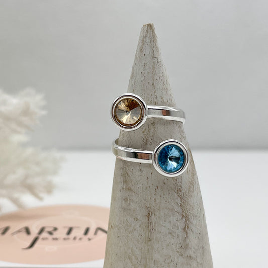 Anello con doppio centrale Swarovski Azzurro e Sabbia dorato - Silver