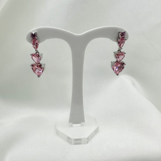 Orecchini pendenti cuori strass rosa - Silver