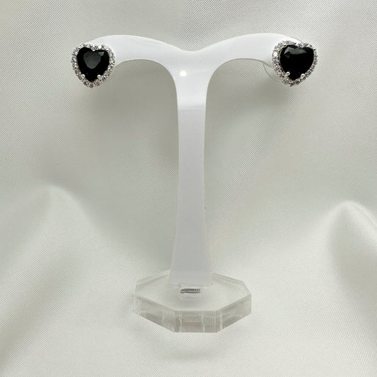 Orecchini cuore nero e corona strass bianchi- Silver
