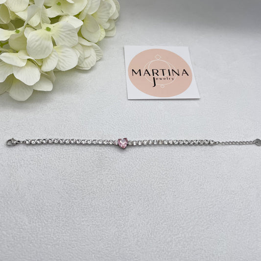 Bracciale fila cristalli bianchi e cuore centrale rosa - Silver