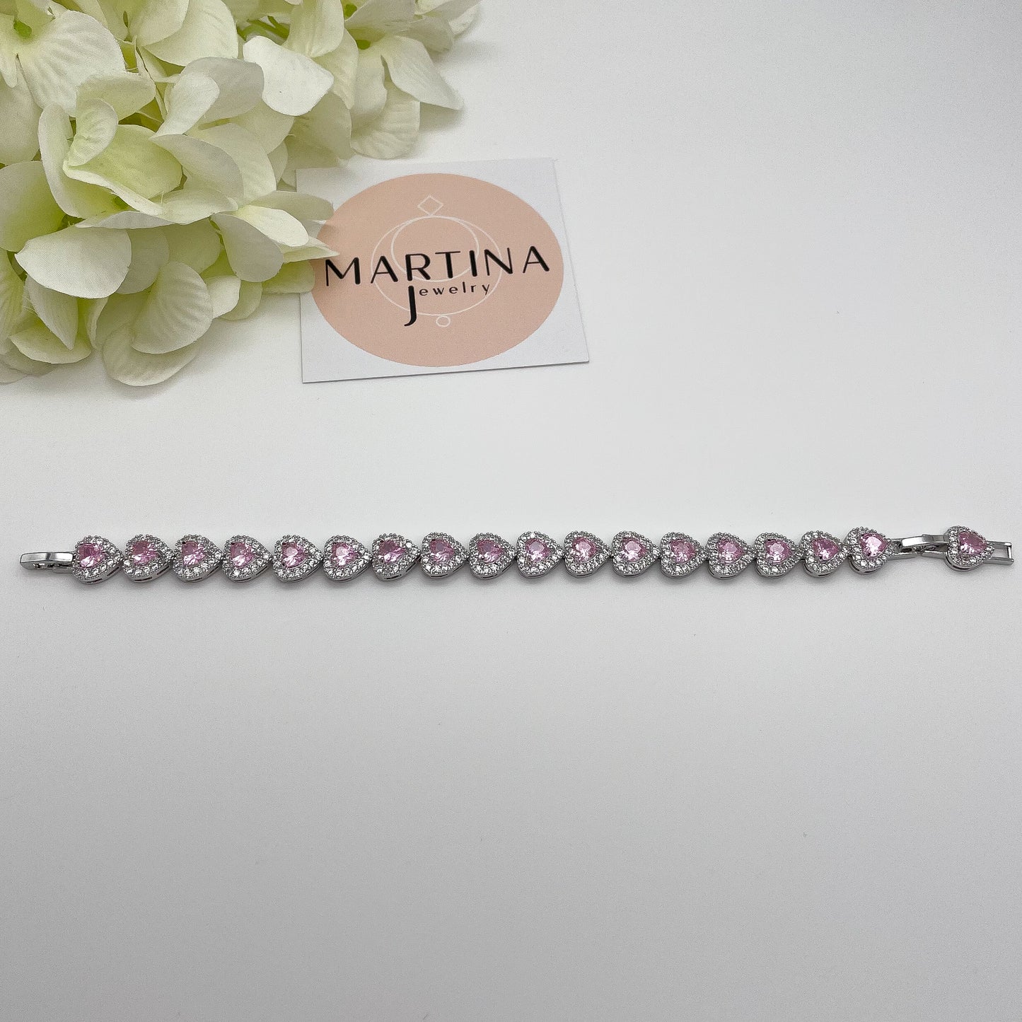 Bracciale cuori zirconi bianchi e rosa - Silver