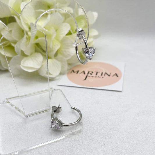 Orecchini cerchi Big con cuore strass con centrale bianco - Silver