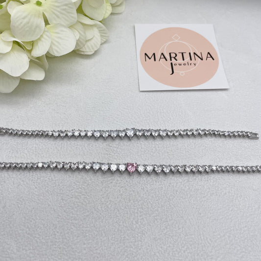 Bracciale cuori zirconi bianchi - centrale rosa - Silver
