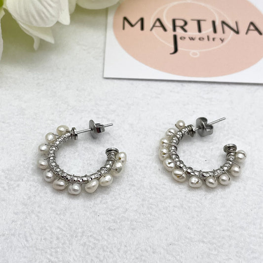 Orecchini cerchi intreccio di perle - Silver