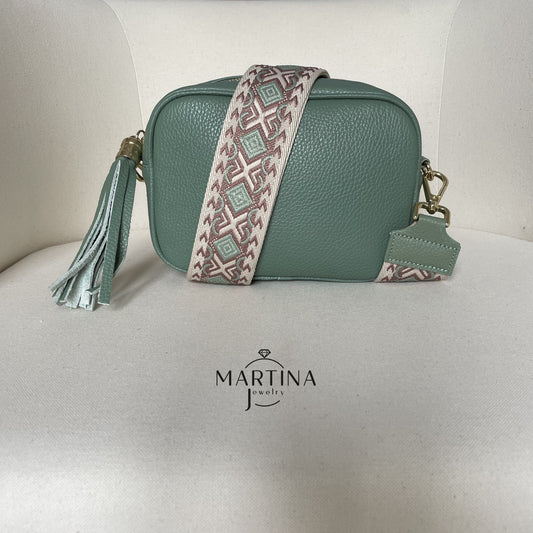 Borsa tracolla full color in vera pelle con tracolla fantasia - Verde Salvia