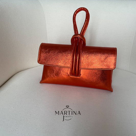 Borsa tracolla in vera pelle con cinturino da polso - Arancio Tramonto
