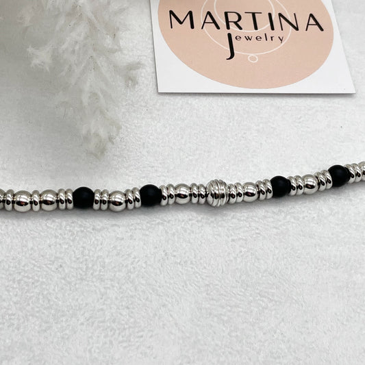 Bracciale sfere acciaio e pietra nera - Silver