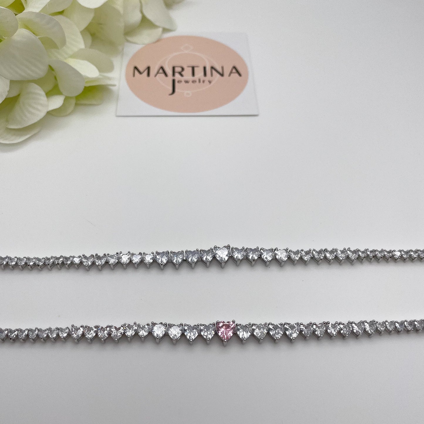 Bracciale cuori zirconi bianchi - centrale rosa - Silver
