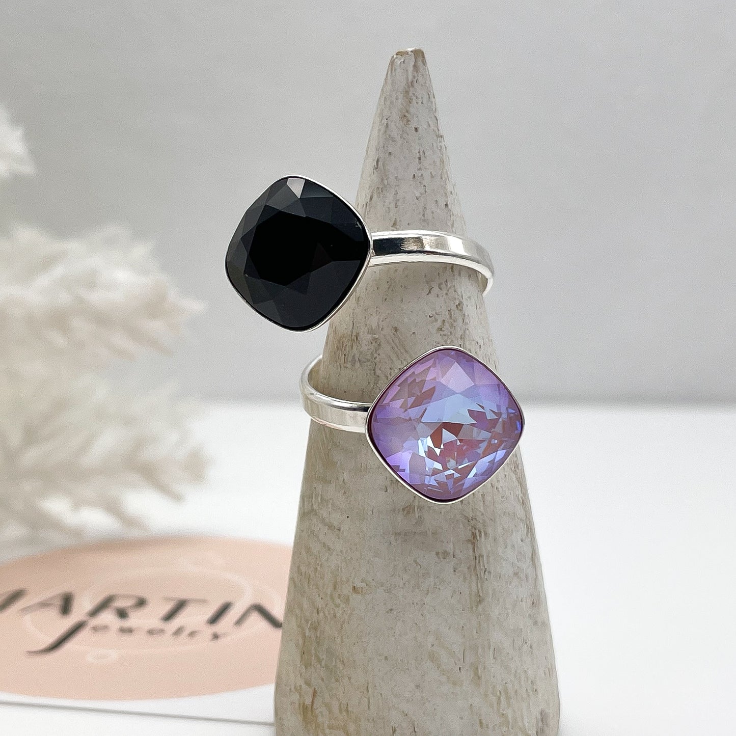 Anello con doppio centrale Swarovski Nero e Violet - Silver