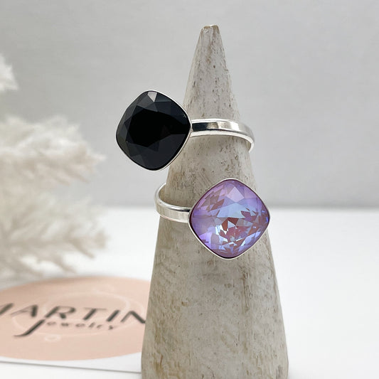 Anello con doppio centrale Swarovski Nero e Violet - Silver
