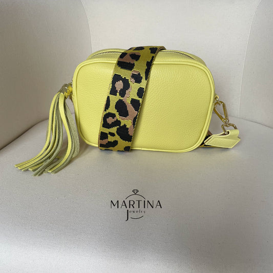 Borsa tracolla full color in vera pelle con tracolla fantasia V1 - Gialla