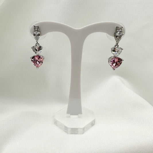 Orecchini pendenti cuori strass bianchi e rosa - Silver