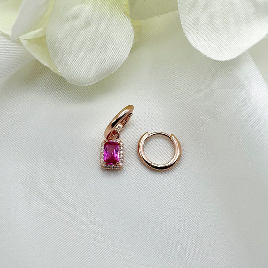 Orecchini cerchietti con pendente singolo zircone fuxia - Rosè