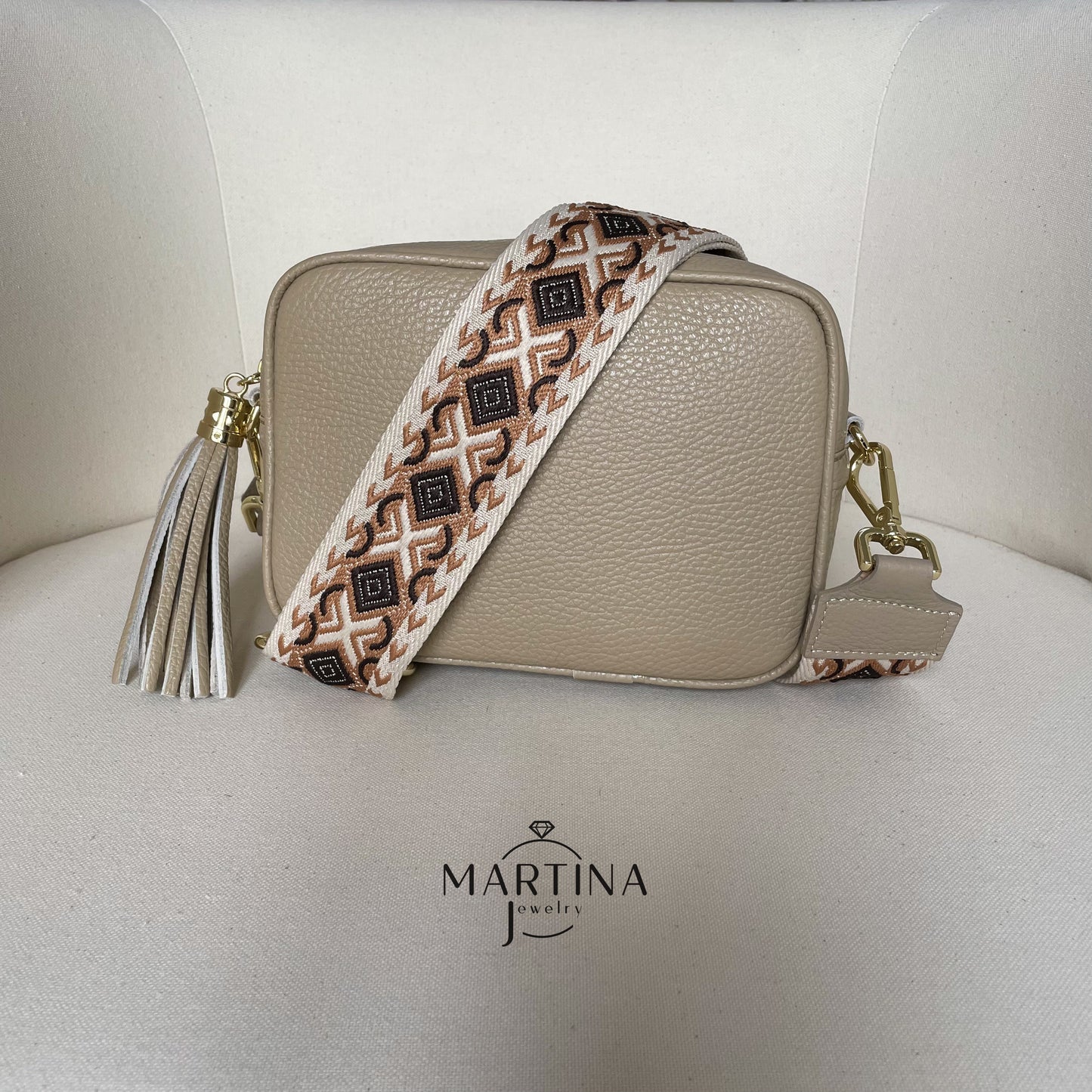 Borsa tracolla full color in vera pelle con tracolla fantasia - Taupe