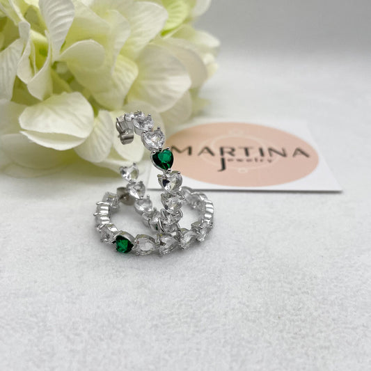 Orecchini cuori strass con centrale verde - Silver