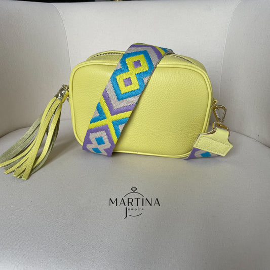 Borsa tracolla full color in vera pelle con tracolla fantasia V2 - Gialla