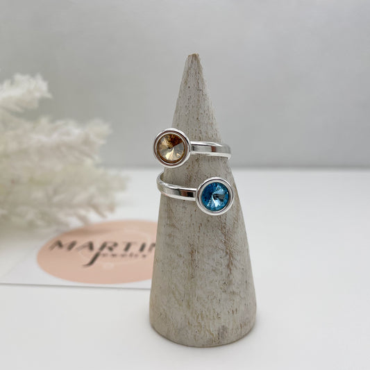 Anello con doppio centrale Swarovski Azzurro e Sabbia dorato - Silver