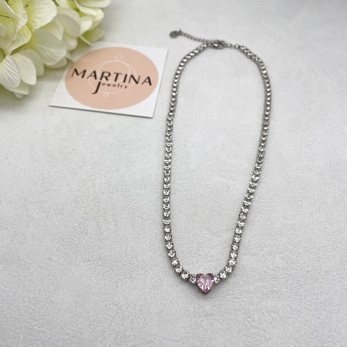Collana girocollo strass cuore rosa - Silver
