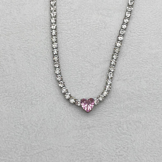 Collana girocollo strass cuore rosa - Silver