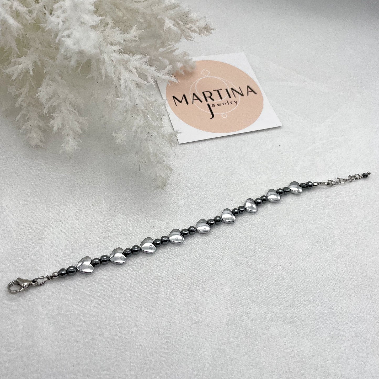 Bracciale cuori grandi e palline sfaccettate in pietra - Silver