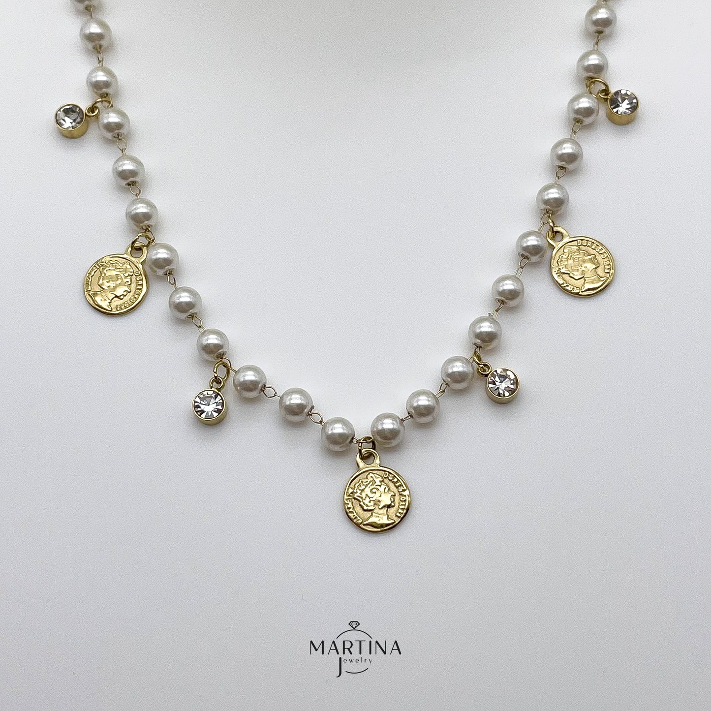 Collana girocollo perle, monete e cristalli - Gold