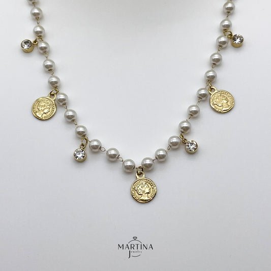 Collana girocollo perle, monete e cristalli - Gold