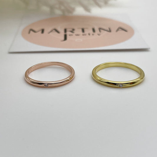 Anello fedina liscia zircone centrale bianco - Rosè