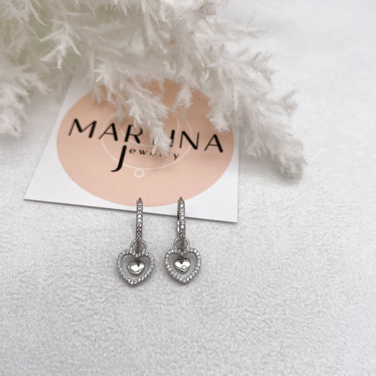 Orecchini cerchietti zirconi doppi cuori - Siver