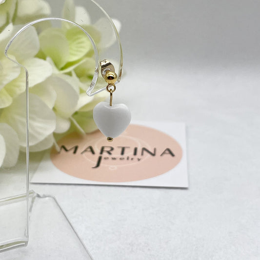 Orecchini palline con cuore pendente in Agata Bianca - Gold