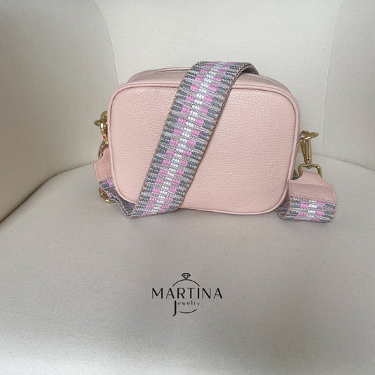Borsa tracolla full color in vera pelle con tracolla fantasia V2 - Rosa baby