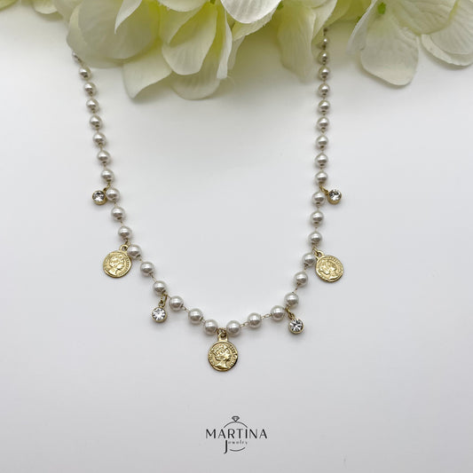 Collana girocollo perle, monete e cristalli - Gold