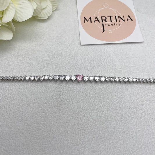 Bracciale cuori zirconi bianchi - centrale rosa - Silver
