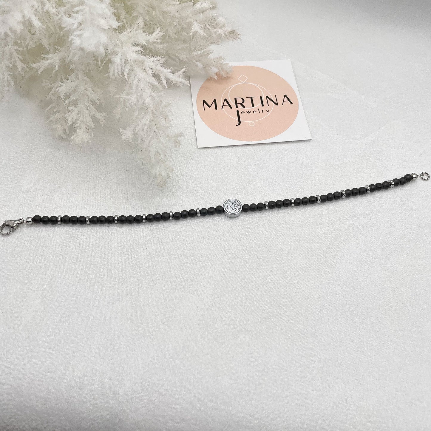 Bracciale sfere opache in pietra e centrale marinaro - Silver