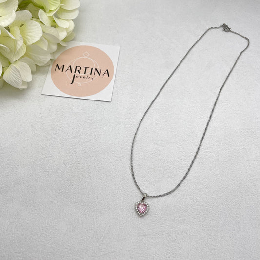 Collana cuore rosa strass - Silver