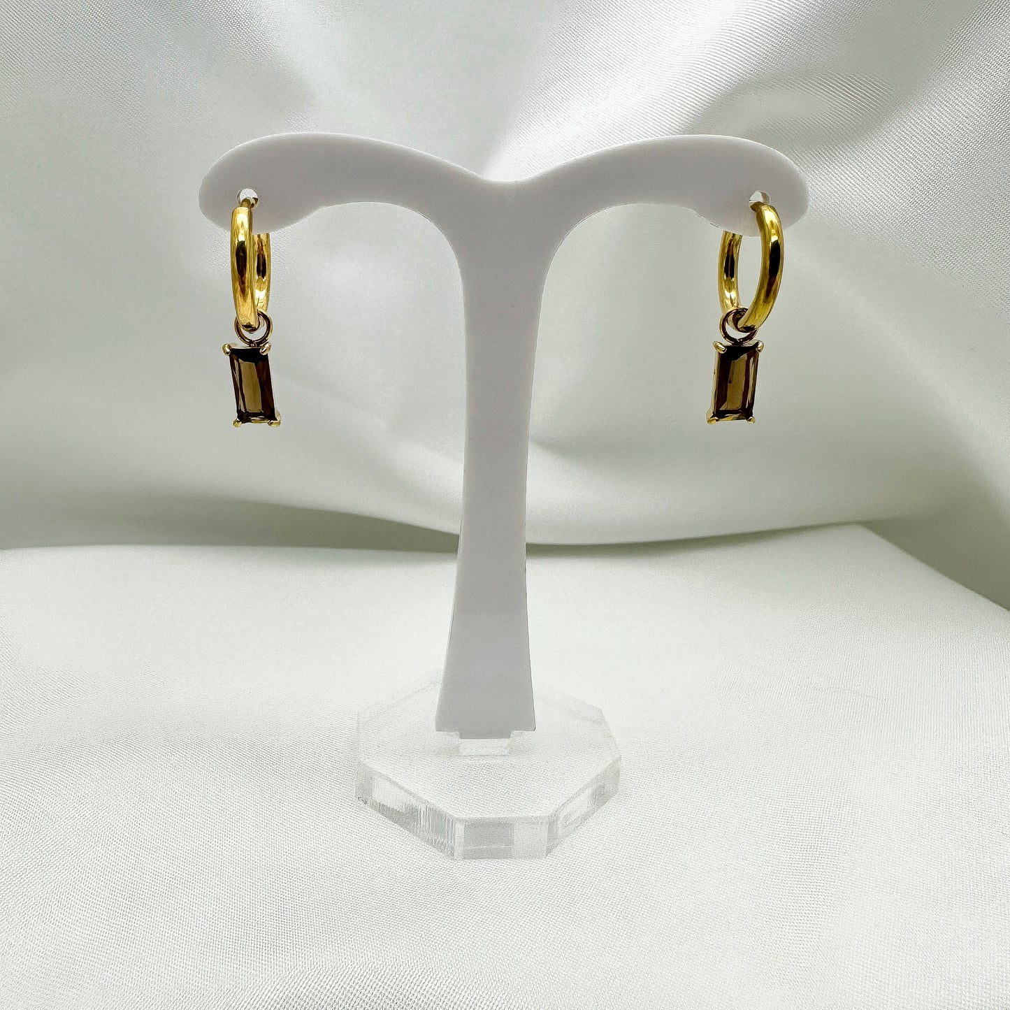 Orecchini cerchietti pendenti cristallo rettangolare Ambra scuro - Gold