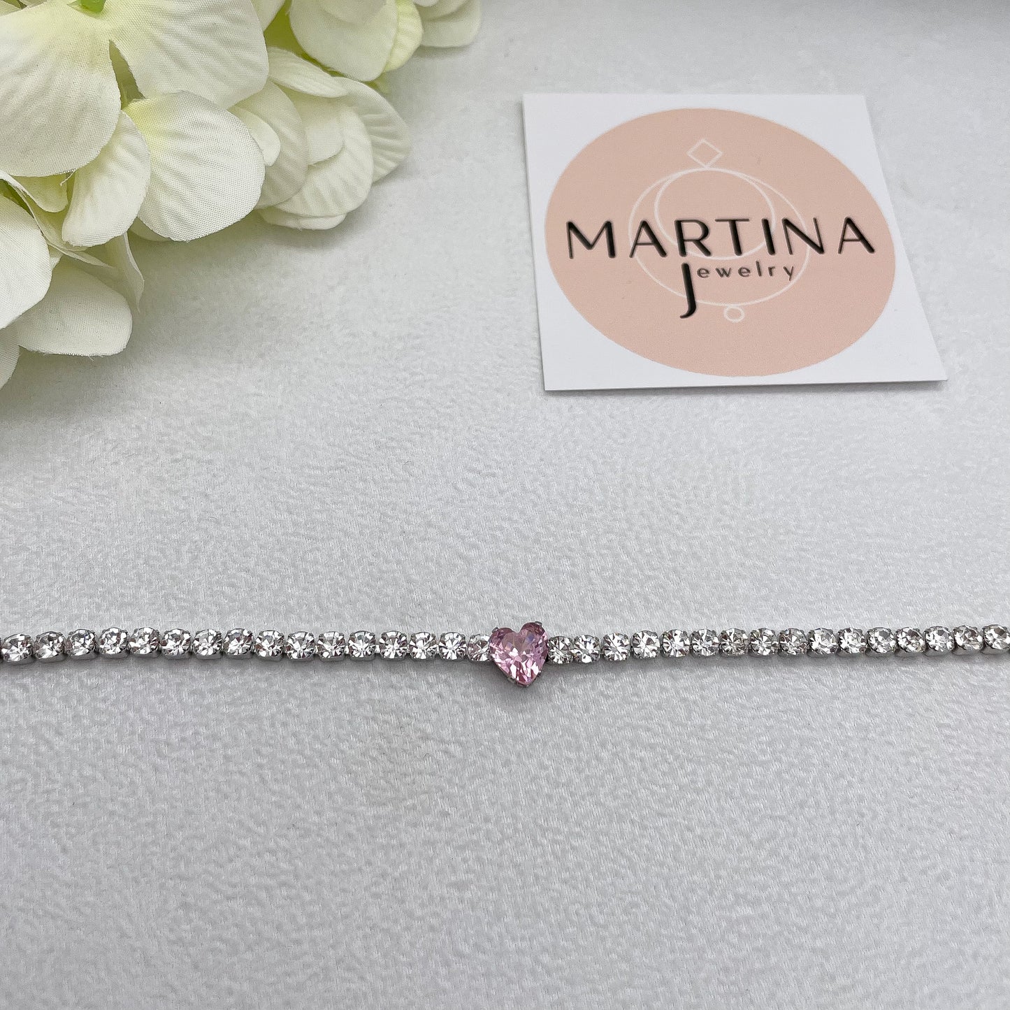 Bracciale fila cristalli bianchi e cuore centrale rosa - Silver