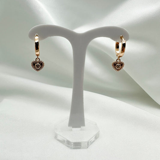 Orecchini cerchietti pendenti cuori con punto luce - Gold