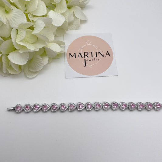 Bracciale cuori zirconi bianchi e rosa - Silver