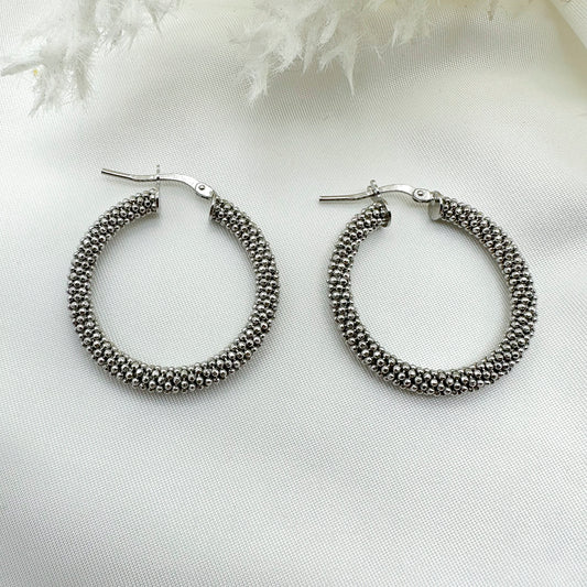 Orecchini cerchi pop corn rodio Grandi - Silver