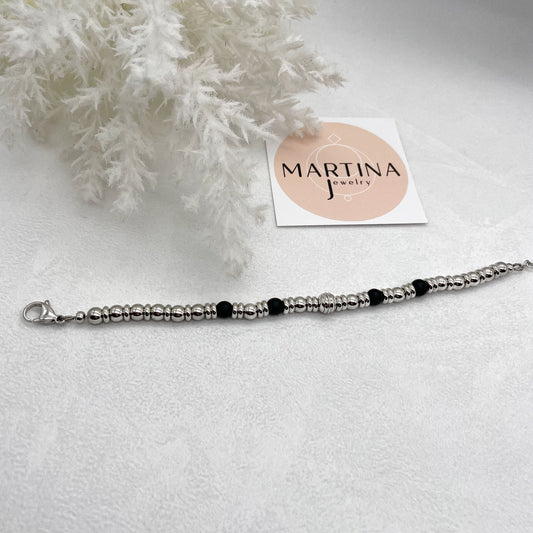Bracciale sfere acciaio e pietra nera - Silver