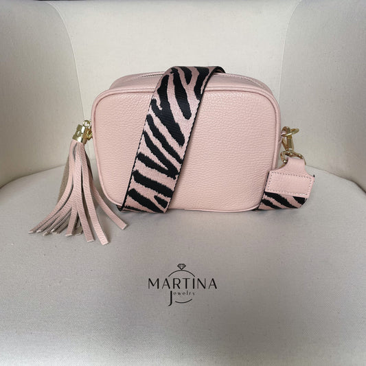 Borsa tracolla full color in vera pelle con tracolla fantasia V1 - Rosa baby