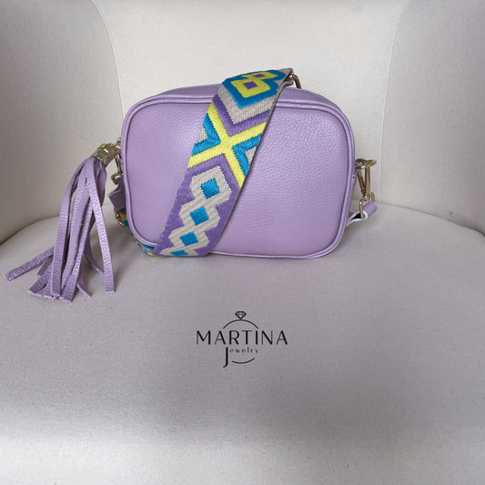 Borsa tracolla full color in vera pelle con tracolla fantasia V2 - Lilla