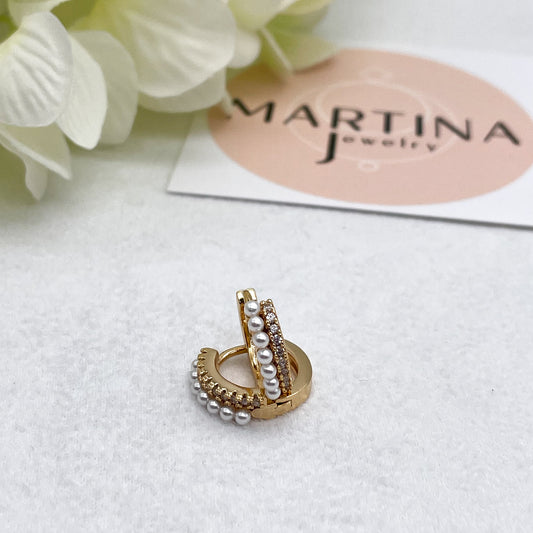 Orecchini cerchietti doppi micro perle e strass - Gold