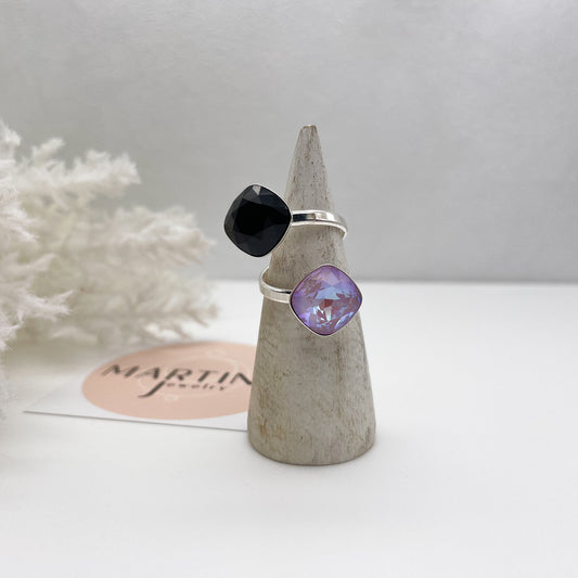 Anello con doppio centrale Swarovski Nero e Violet - Silver