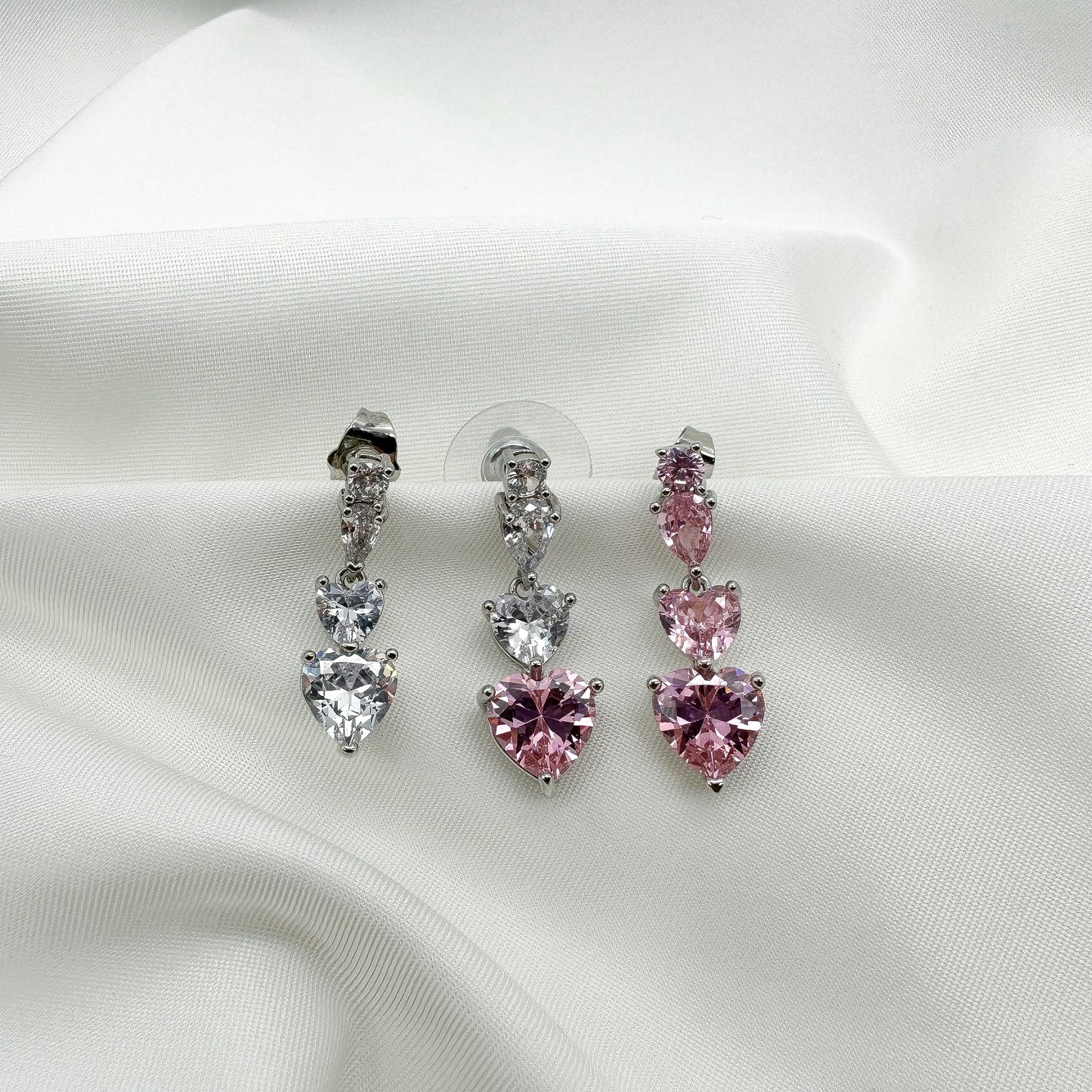 Orecchini pendenti cuori strass rosa - Silver