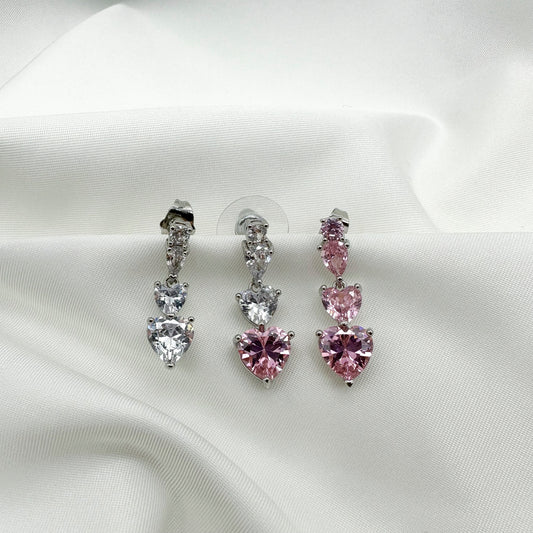 Orecchini pendenti cuori strass rosa - Silver